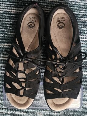 Earth Spirit Women's Gigi Fisherman Flats Open Toe Leather Sandal Black Size 8.5